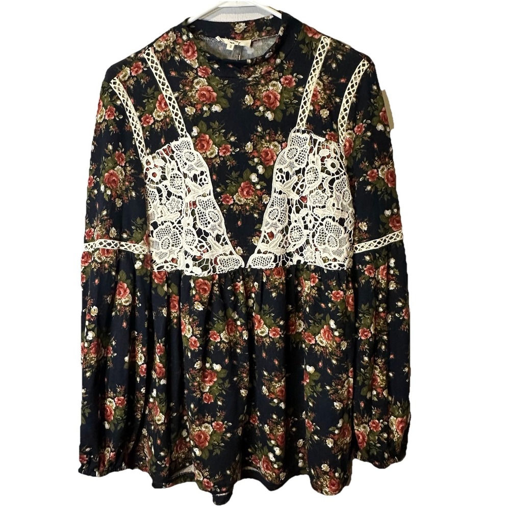 Entro Crochet Tunic Top Peasant Boho Career Church Stretchy Floral NWT S T8691